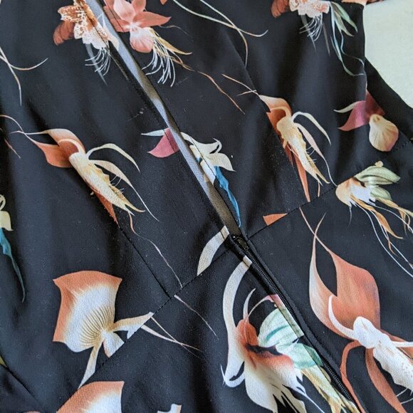 H&M Floral Lilly Flowers Dress Black 4 Slit Back Long Sleeves A line - Picture 3 of 6